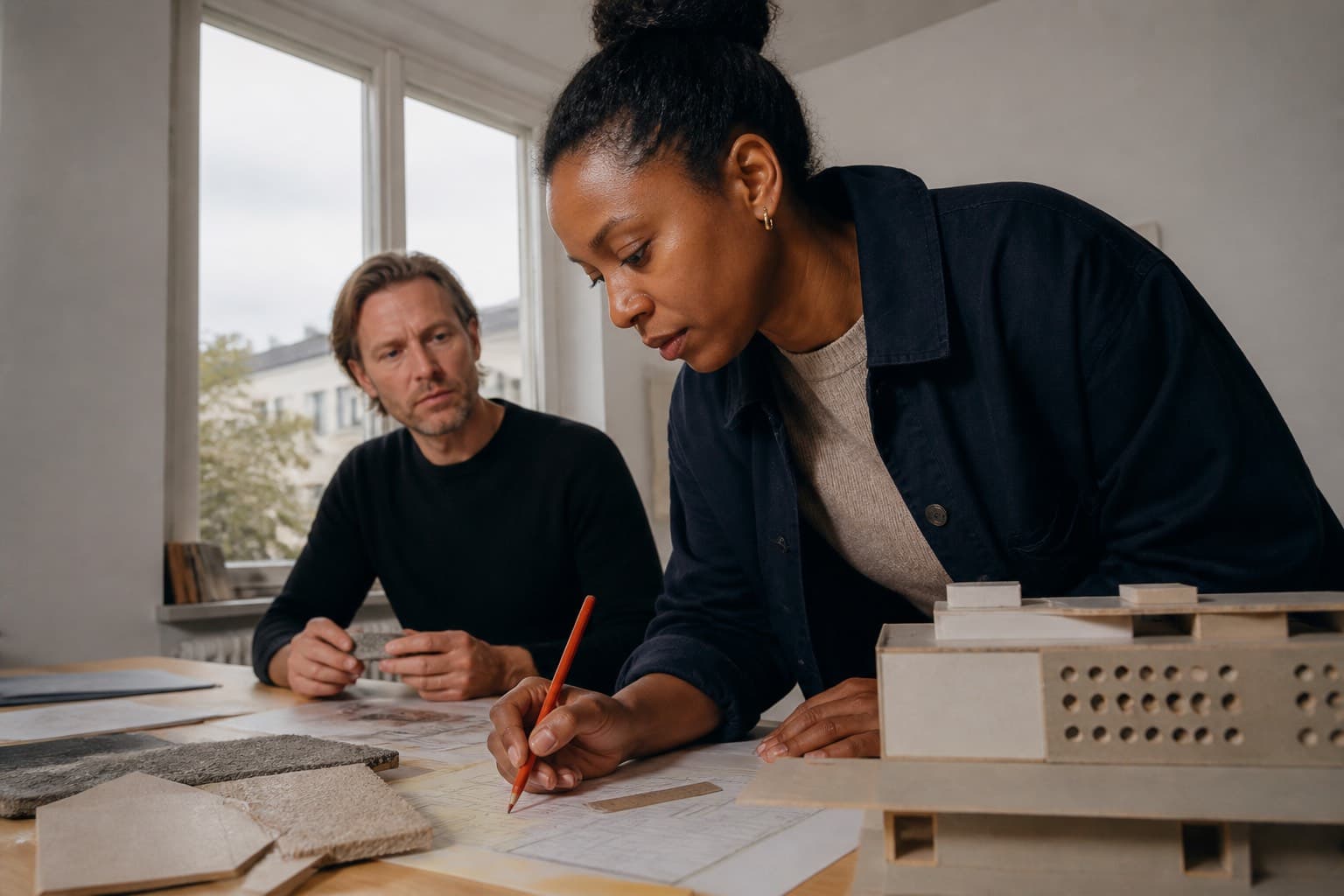 Two people working together with drawings and material samples.